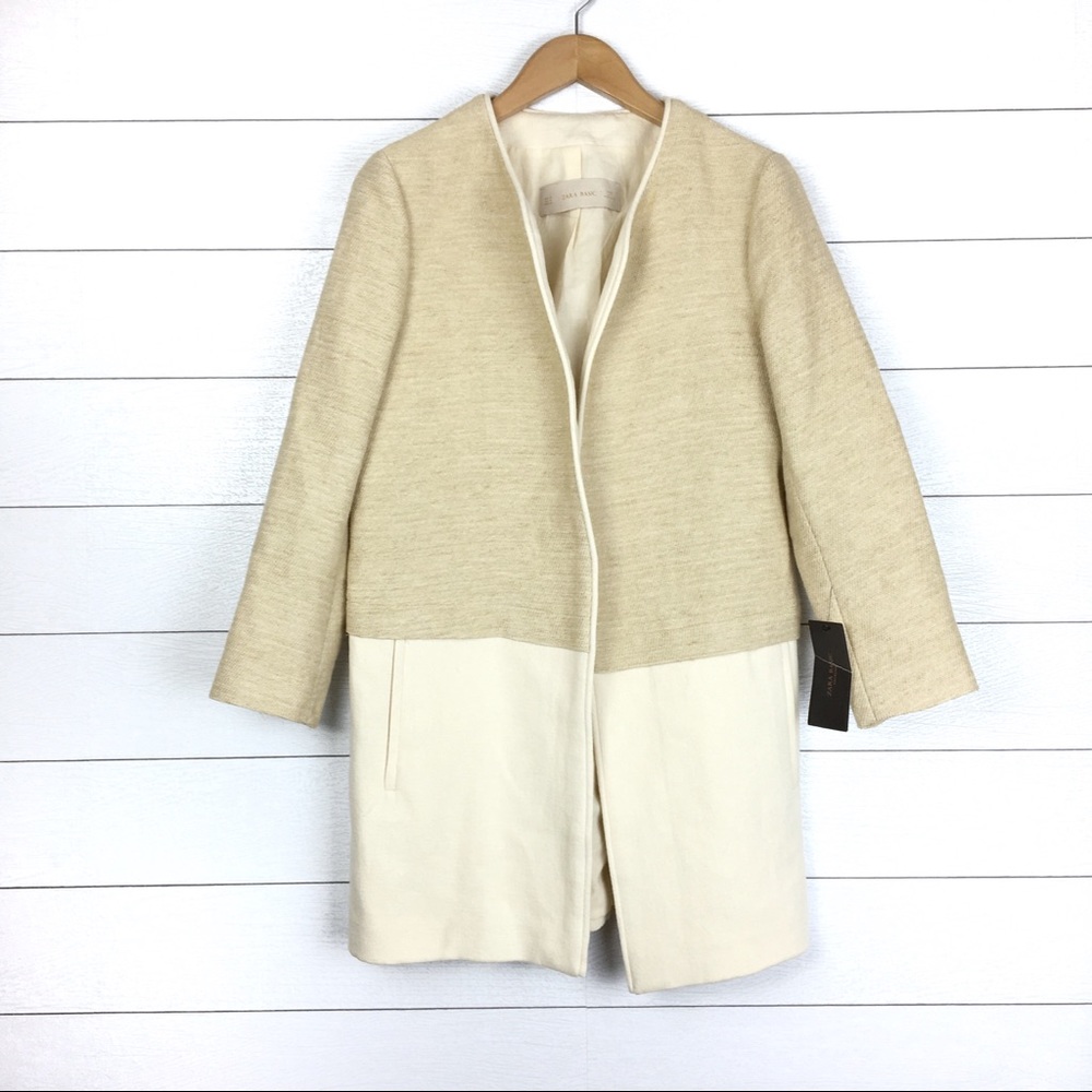 NWT Zara Tan Textured Cotton Open Front Coat